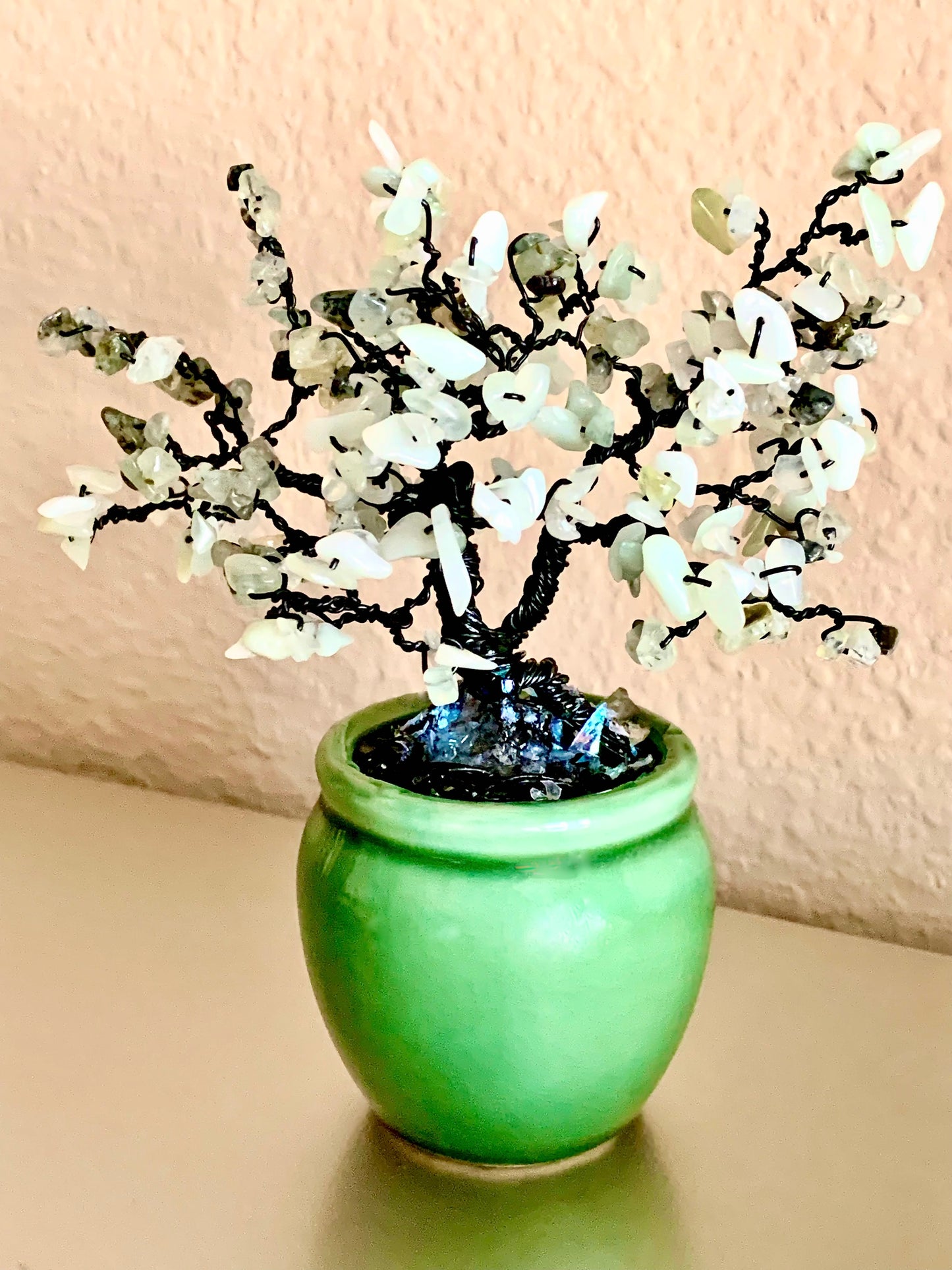🔴SOLD🔴 Handmade Sea Foam Jade and Prehnite 6" Mini Gemstone Tree in Green Ceramic Pot