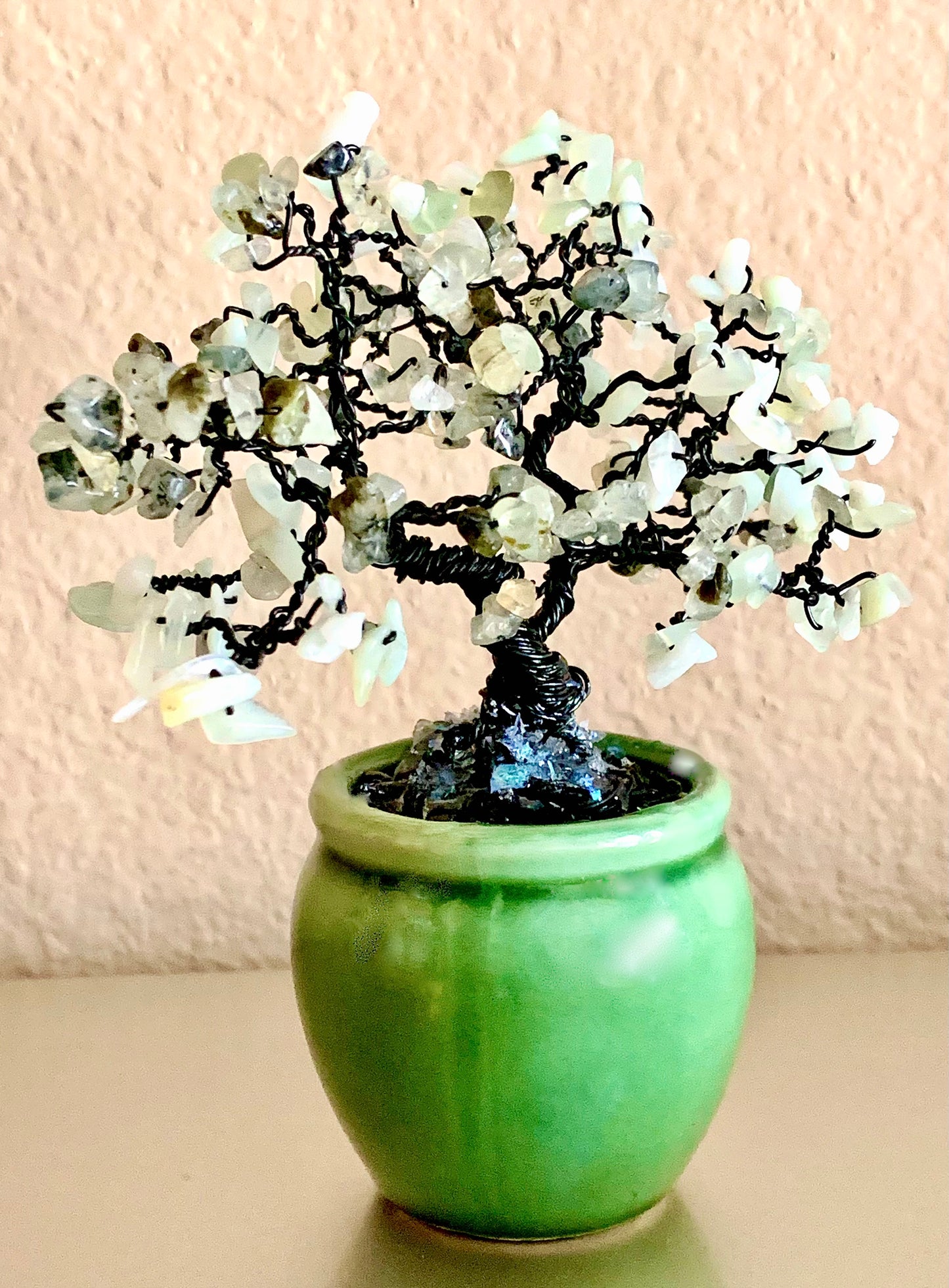 🔴SOLD🔴 Handmade Sea Foam Jade and Prehnite 6" Mini Gemstone Tree in Green Ceramic Pot