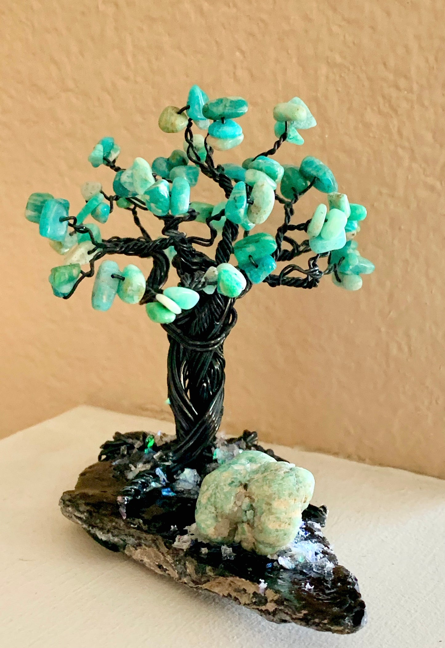 Lady Luck Handmade Amazonite and Obsidian 5" Mini Gemstone Tree Sculpture by Sharmaine Rayner
