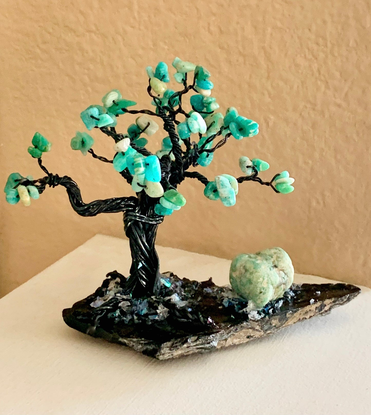 Lady Luck Handmade Amazonite and Obsidian 5" Mini Gemstone Tree Sculpture by Sharmaine Rayner
