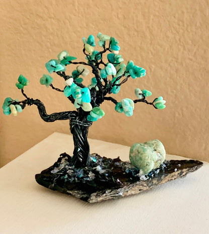 Lady Luck Handmade Amazonite and Obsidian 5" Mini Gemstone Tree Sculpture by Sharmaine Rayner