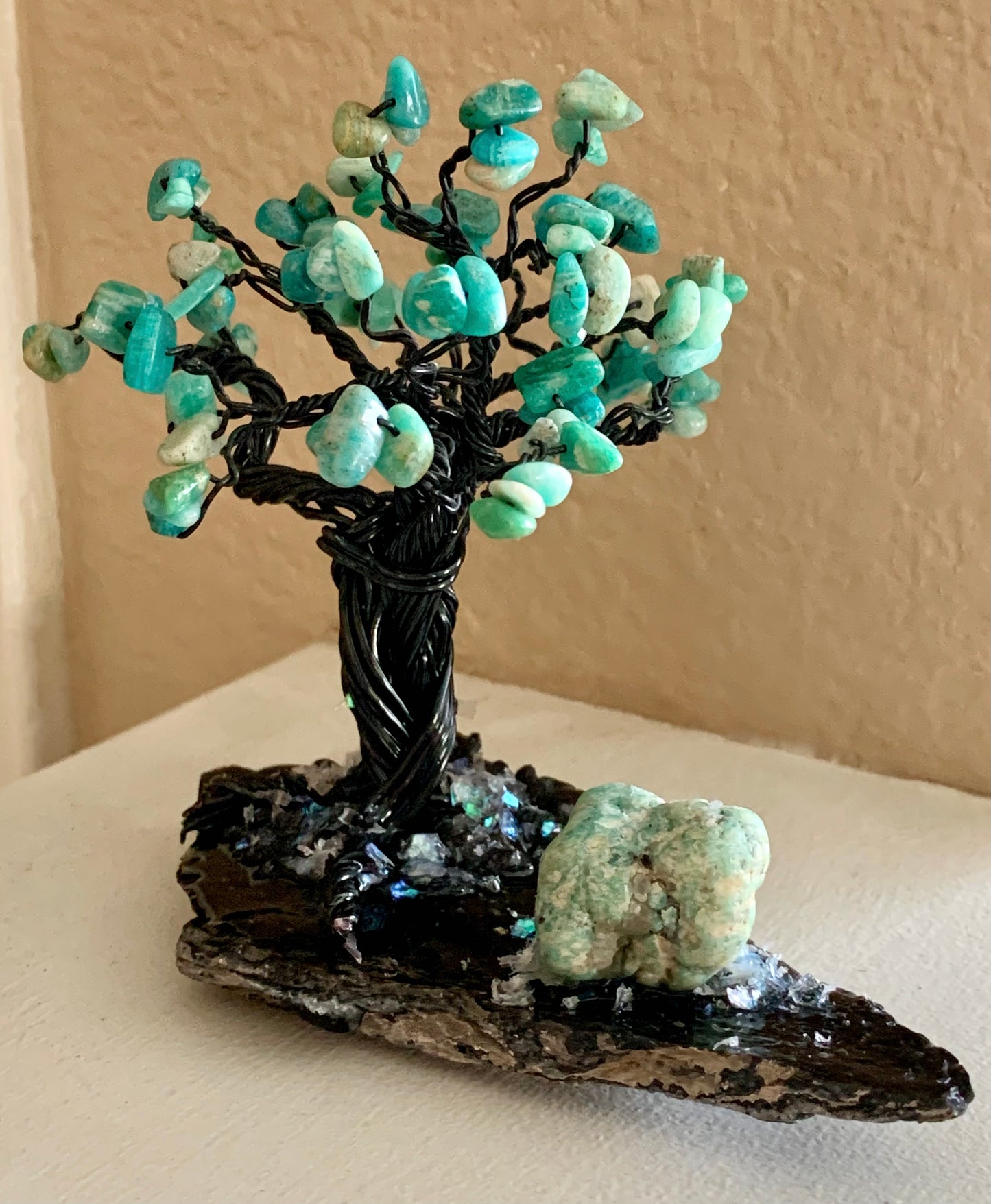 Lady Luck Handmade Amazonite and Obsidian 5" Mini Gemstone Tree Sculpture by Sharmaine Rayner