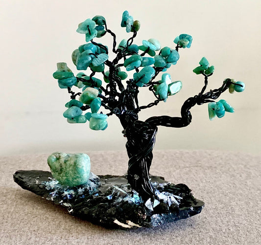 Lady Luck Handmade Amazonite and Obsidian 5" Mini Gemstone Tree Sculpture by Sharmaine Rayner