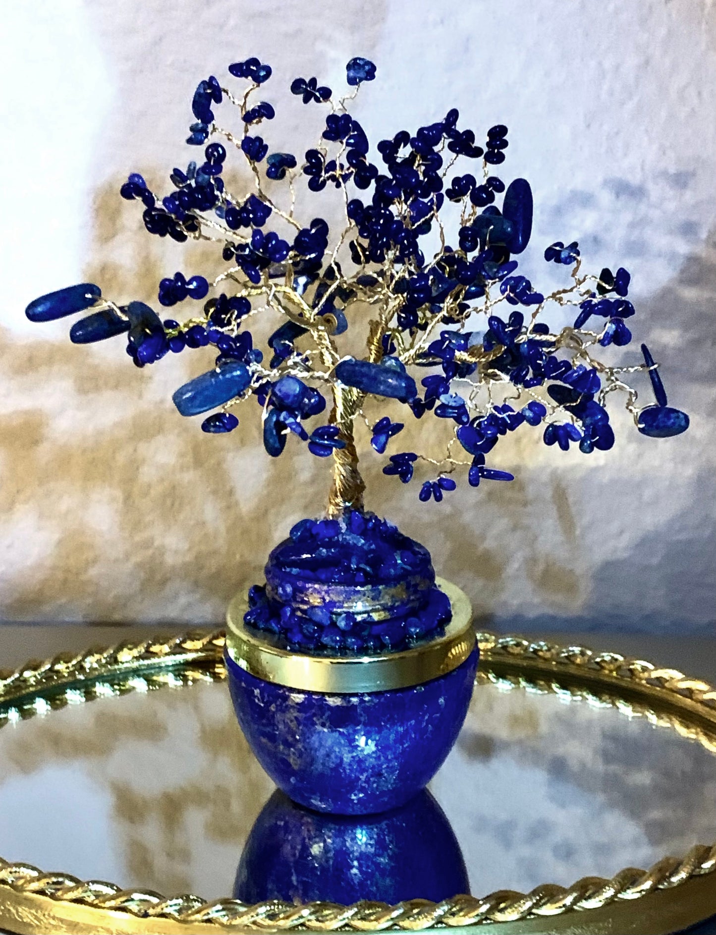 Handmade Lapis Lazuli and Sodalite 8" Gemstone Tree Sculpture in a Painted Glass Pot by Sharmaine Rayner