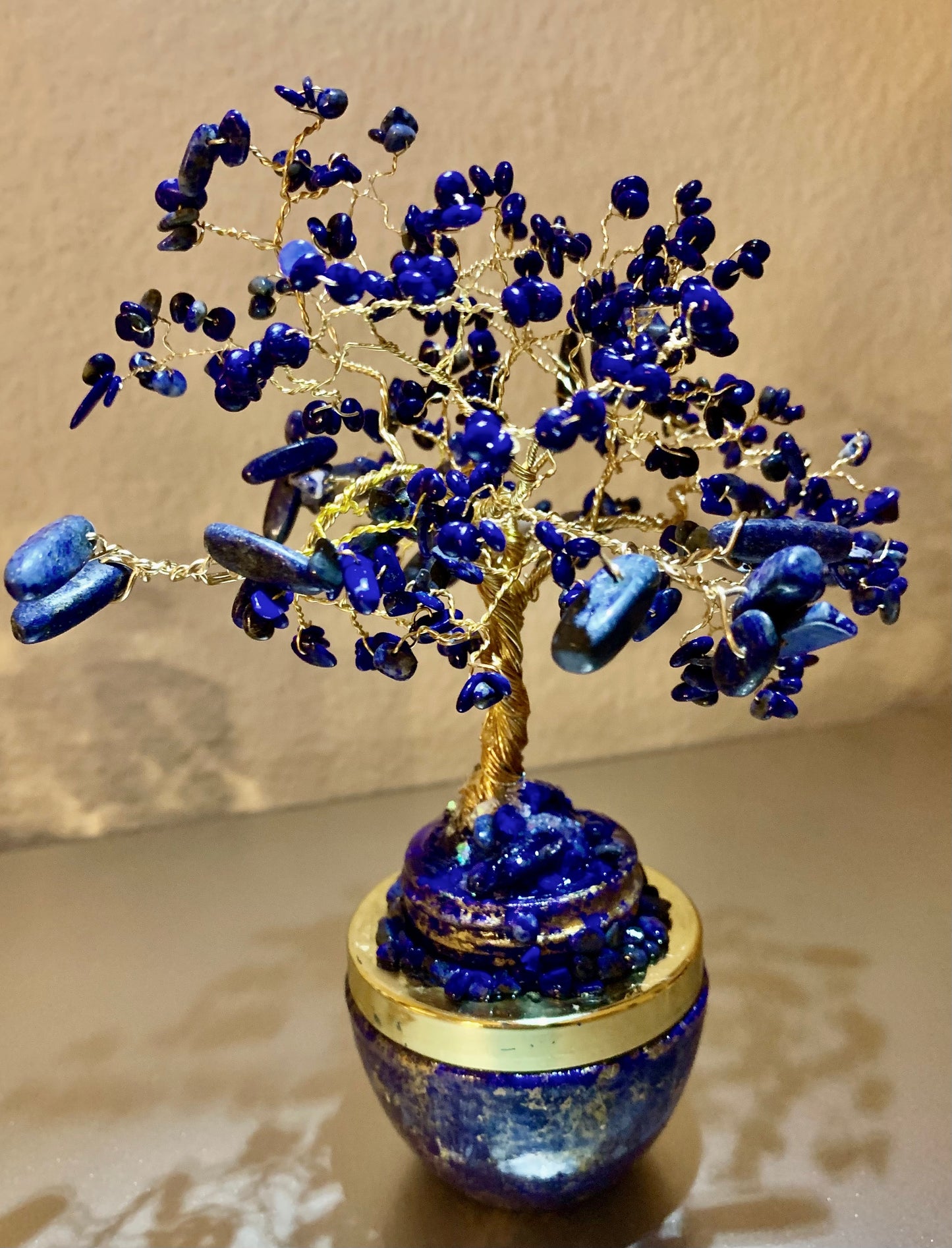 Handmade Lapis Lazuli and Sodalite 8" Gemstone Tree Sculpture in a Painted Glass Pot by Sharmaine Rayner