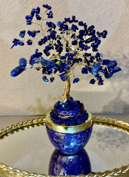 Handmade Lapis Lazuli and Sodalite 8" Gemstone Tree Sculpture in a Painted Glass Pot by Sharmaine Rayner