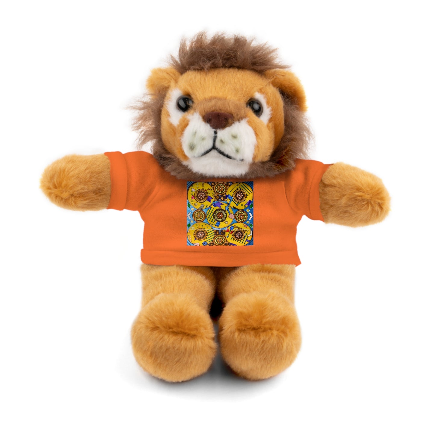 Plush lion toy wearing an orange shirt with a colorful pattern on a white background