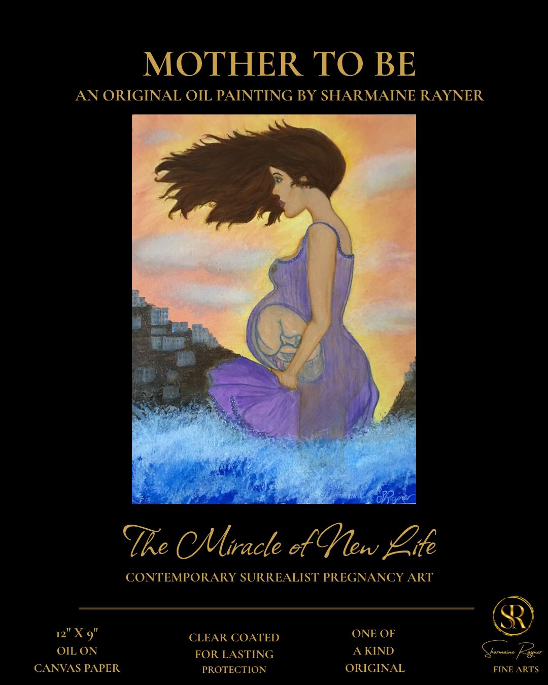 Original contemporary surrealist oil painting of a pregnant woman standing in the ocean, her long hair flowing in the wind as waves surround her. A developing baby is visibly depicted within her body, symbolizing the intimate connection between mother and child before birth.