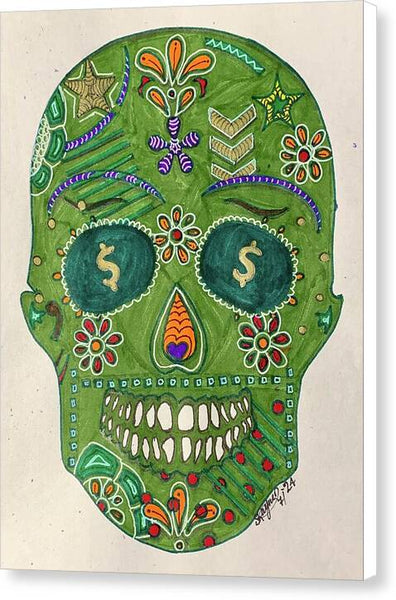 Green Machine Skull Drawing/Doodle - Canvas Print