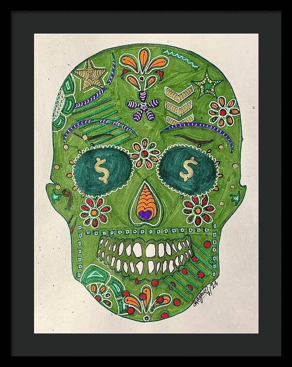 Green Machine Skull Drawing/Doodle - Framed Print