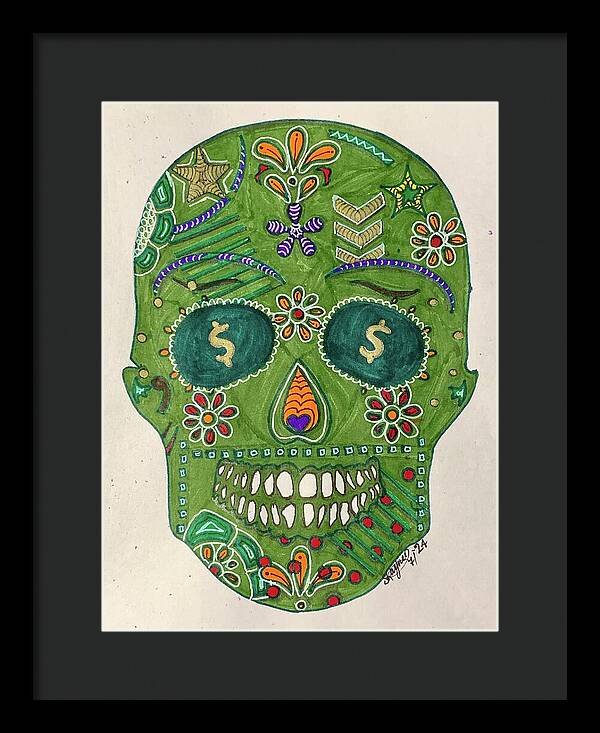 Green Machine Skull Drawing/Doodle - Framed Print