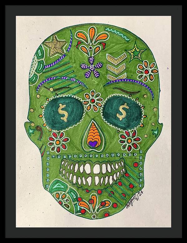 Green Machine Skull Drawing/Doodle - Framed Print