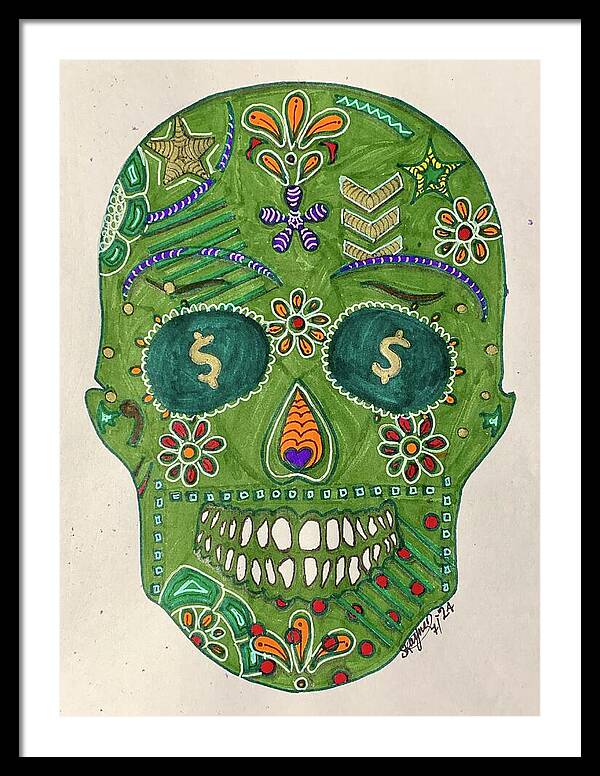 Green Machine Skull Drawing/Doodle - Framed Print