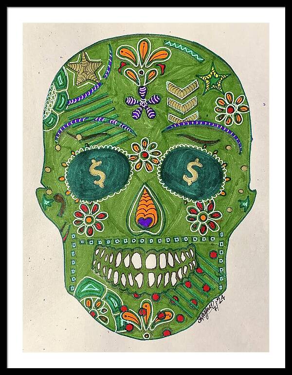Green Machine Skull Drawing/Doodle - Framed Print