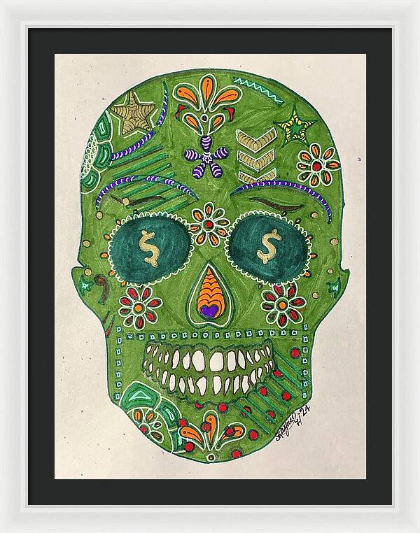 Green Machine Skull Drawing/Doodle - Framed Print
