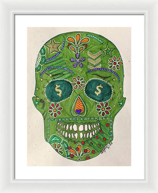 Green Machine Skull Drawing/Doodle - Framed Print