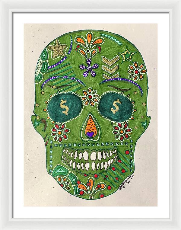 Green Machine Skull Drawing/Doodle - Framed Print