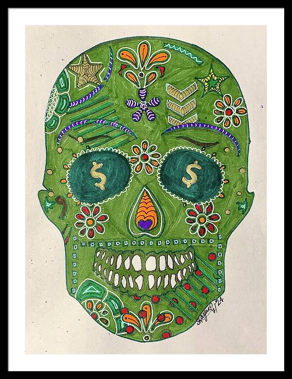 Green Machine Skull Drawing/Doodle - Framed Print