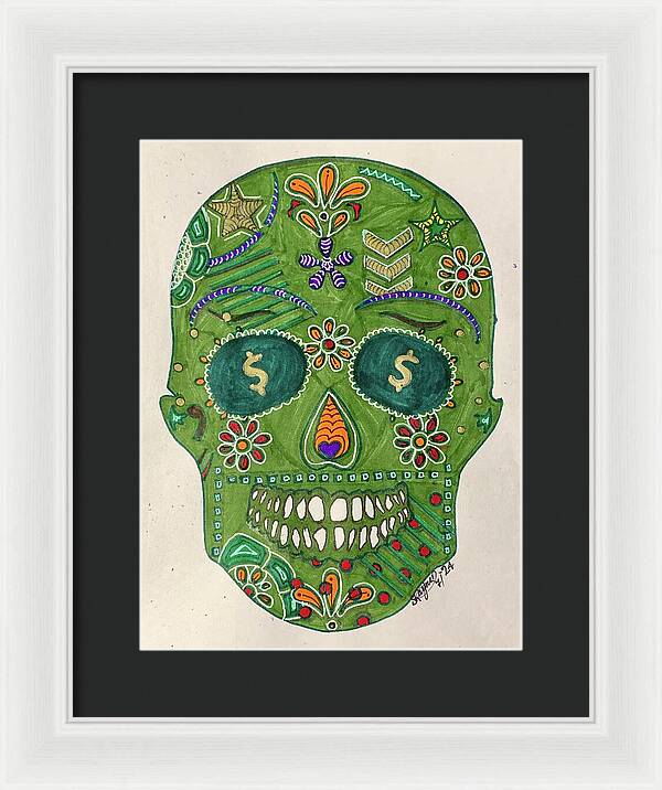 Green Machine Skull Drawing/Doodle - Framed Print