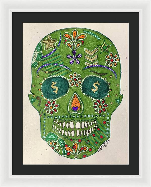 Green Machine Skull Drawing/Doodle - Framed Print