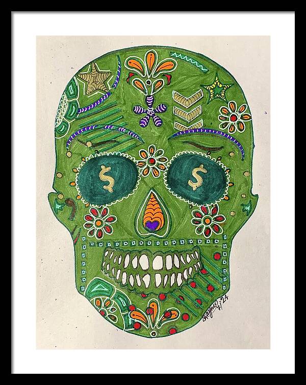 Green Machine Skull Drawing/Doodle - Framed Print