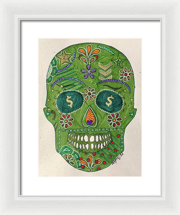 Green Machine Skull Drawing/Doodle - Framed Print