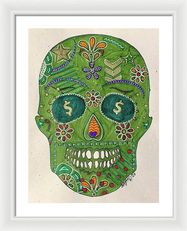 Green Machine Skull Drawing/Doodle - Framed Print