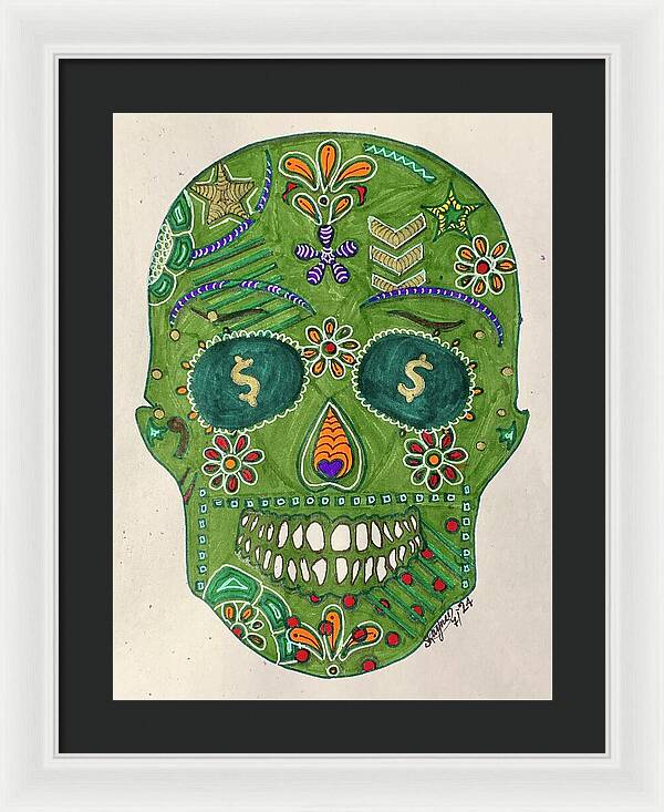 Green Machine Skull Drawing/Doodle - Framed Print