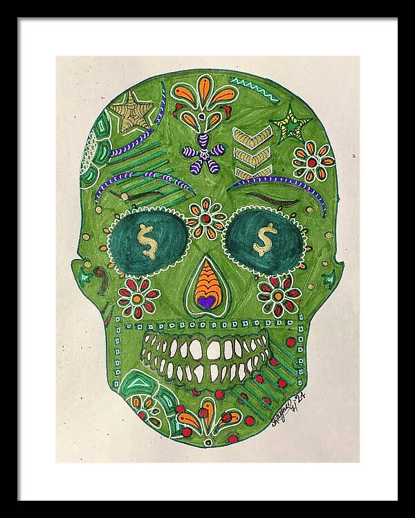 Green Machine Skull Drawing/Doodle - Framed Print
