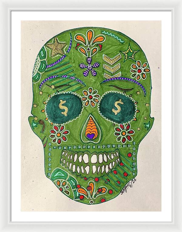 Green Machine Skull Drawing/Doodle - Framed Print