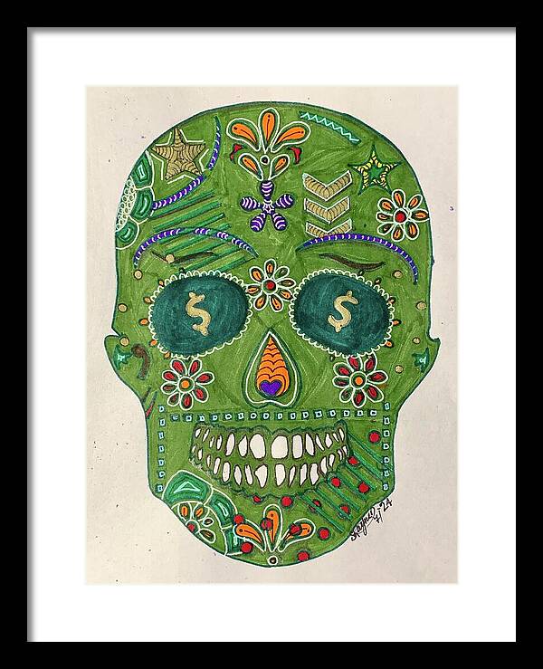 Green Machine Skull Drawing/Doodle - Framed Print