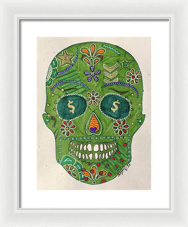Green Machine Skull Drawing/Doodle - Framed Print