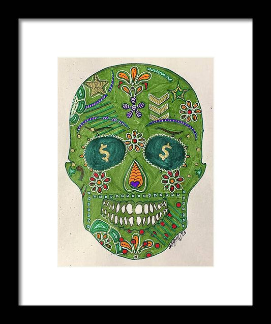 Green Machine Skull Drawing/Doodle - Framed Print