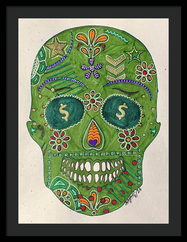 Green Machine Skull Drawing/Doodle - Framed Print