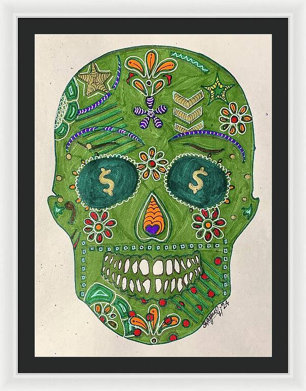 Green Machine Skull Drawing/Doodle - Framed Print