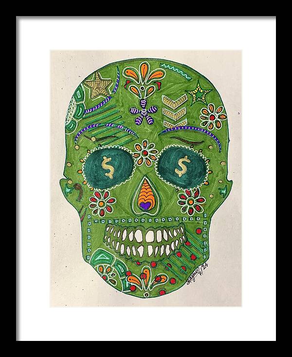 Green Machine Skull Drawing/Doodle - Framed Print