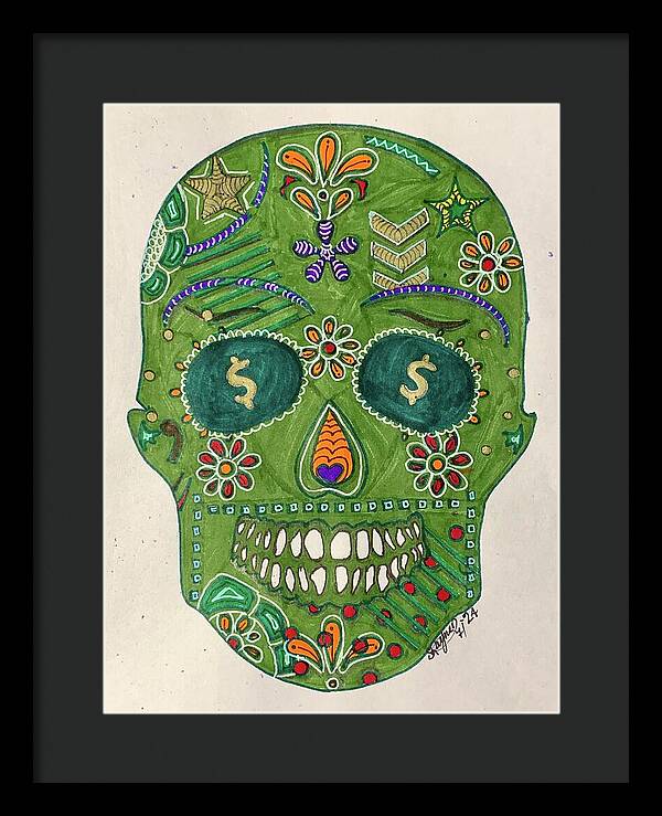 Green Machine Skull Drawing/Doodle - Framed Print