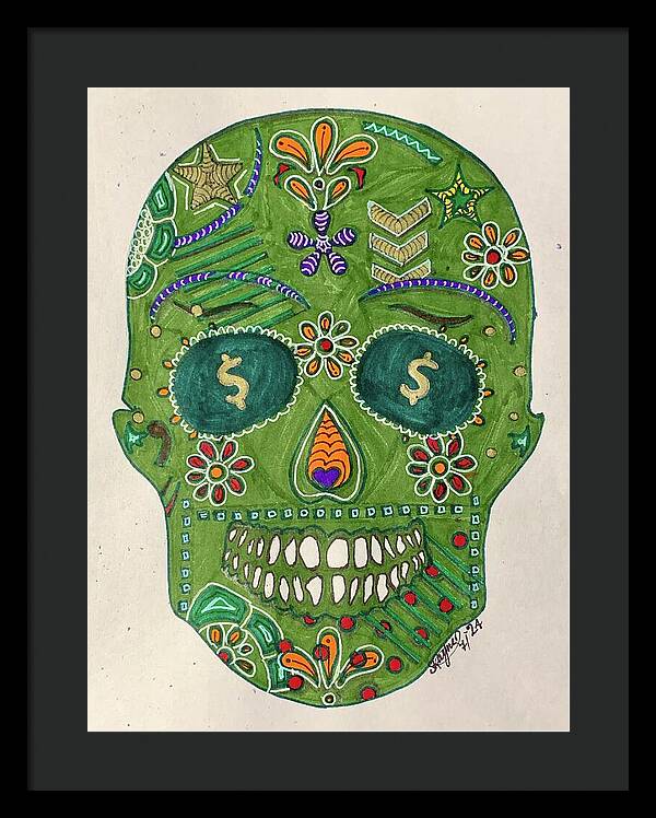 Green Machine Skull Drawing/Doodle - Framed Print