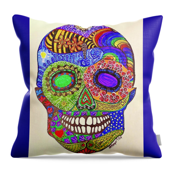 Hippy Sugar Skull Drawing/ Doodle - Throw Pillow