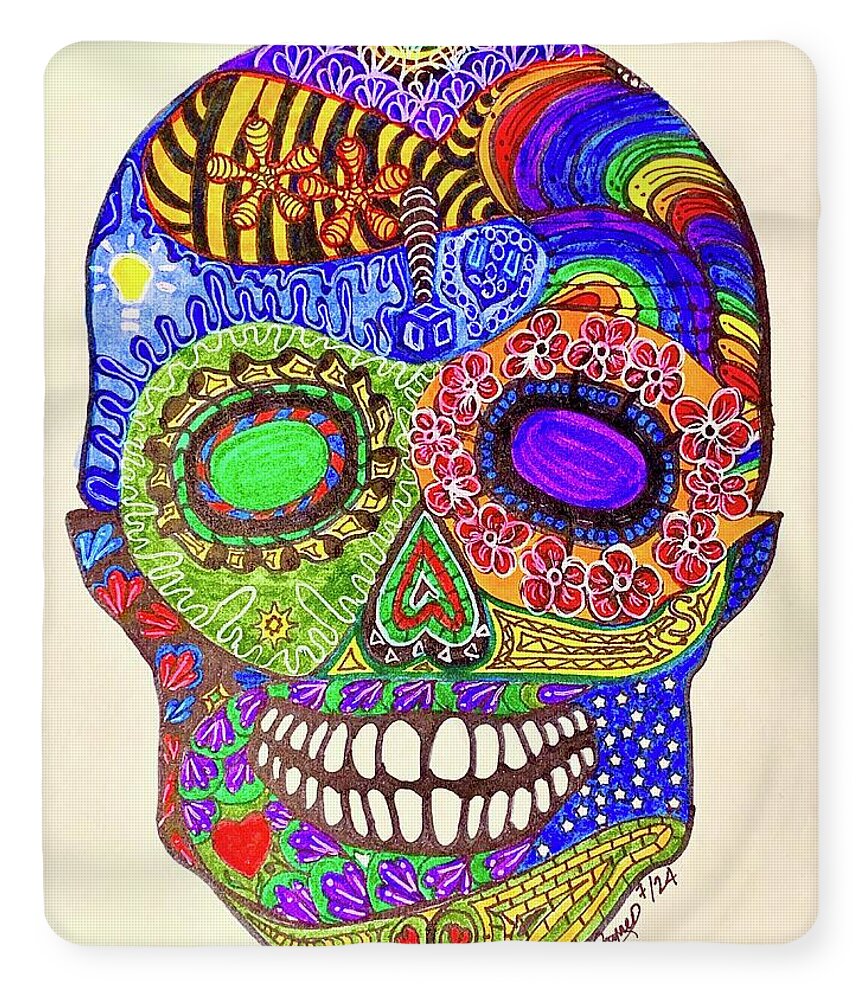 Hippy Sugar Skull Drawing/ Doodle - Blanket