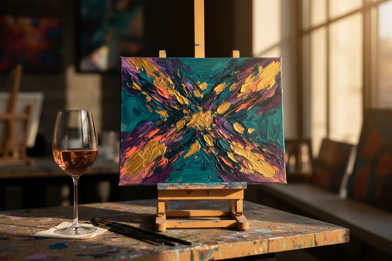 Finished vibrant painting with wine glass beside it