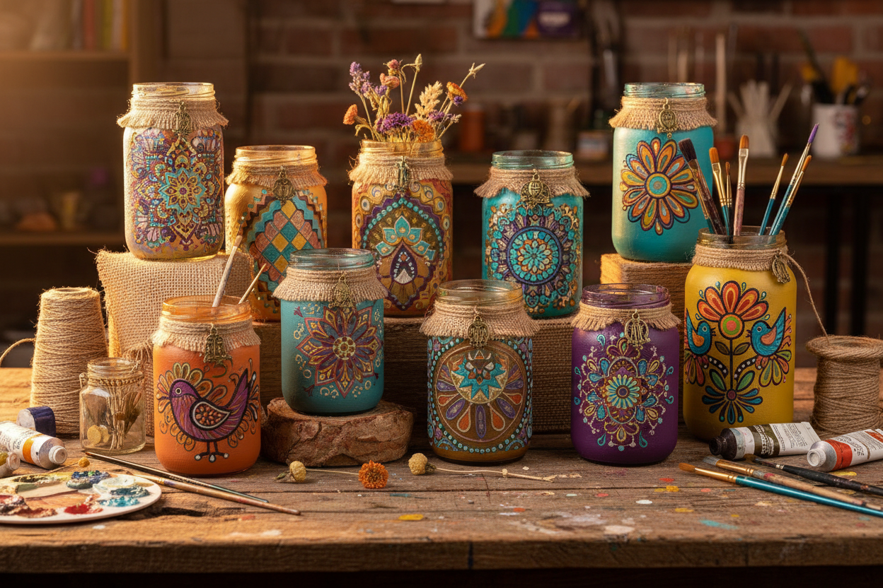Upcycled and decorated glass jars with bohemian patterns