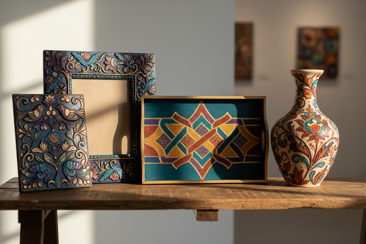Completed DIY art projects with Moroccan and folk art patterns