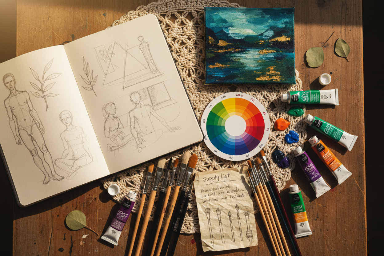 Private art class flat lay with sketchbook, paints and supplies