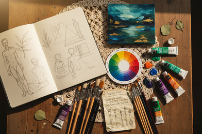 Private art class flat lay with sketchbook, paints and supplies