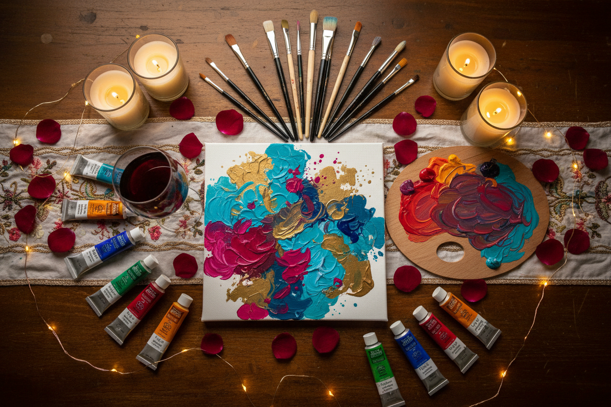 Elegant Sip and Paint flat lay with wine, painting in progress and fairy lights