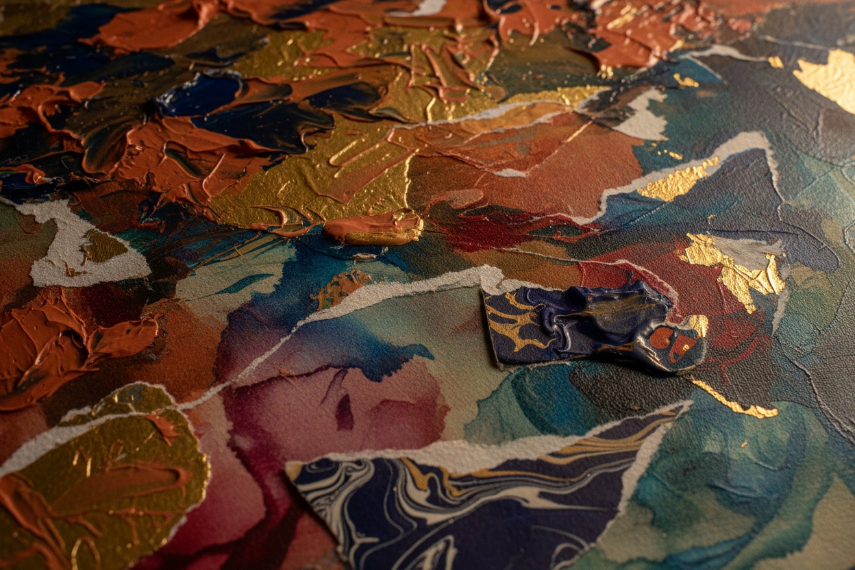 Close-up of rich mixed media texture with jewel tone layers