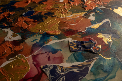 Close-up of rich mixed media texture with jewel tone layers