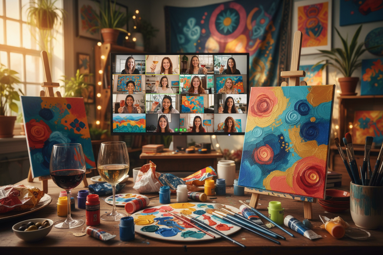 Virtual Sip and Paint party with wine glasses, canvases and colorful paints
