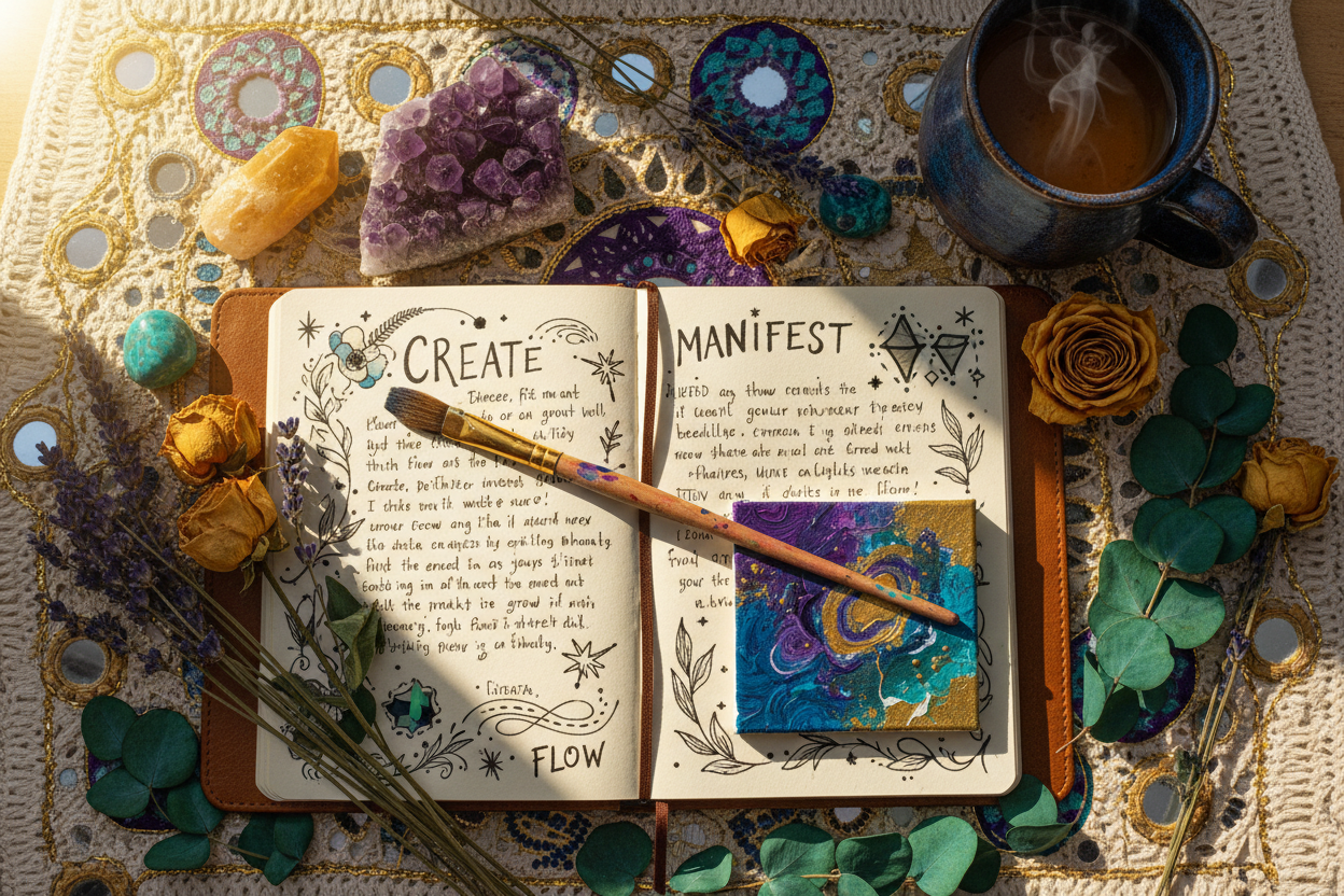 Spiritual flat lay with journal, painting, crystals and tea for mindset coaching